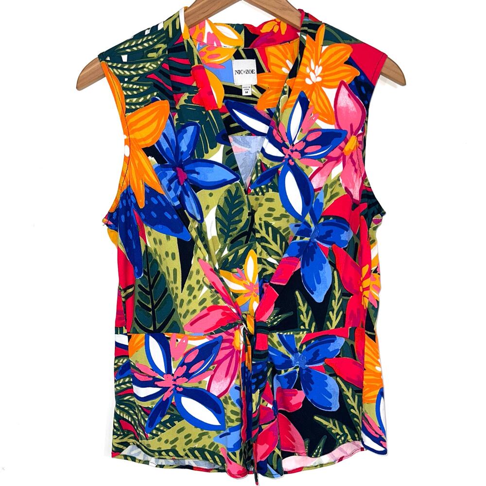 Nic + Zoe Lush Terrace Live In Tropical Tie Front Sleeveless Blouse Size Medium - Picture 2 of 15